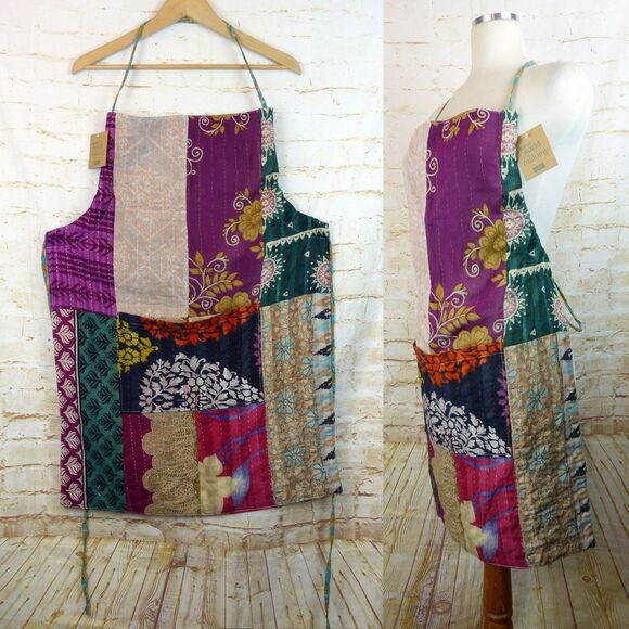 SERRV Sari Patchwork Apron One Size Colorful Upcycled Cotton Hand Stitching Boho - Picture 1 of 16